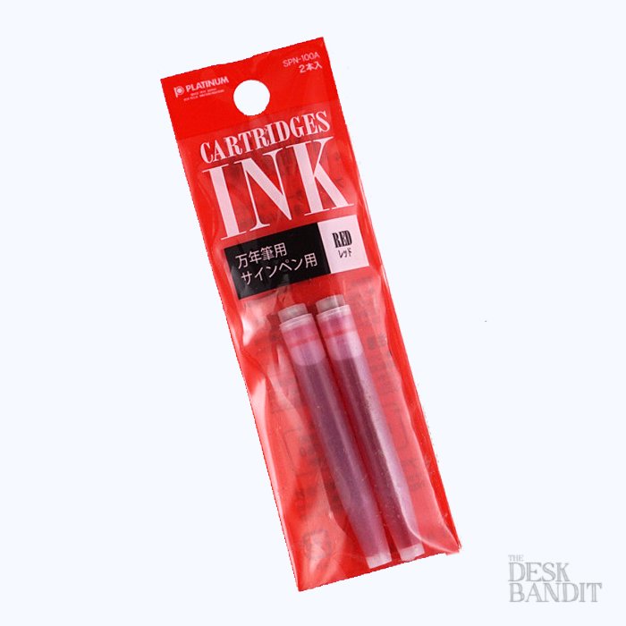 Ink Cartridges (2 pack) - Red: Two red ink cartridges for Platinum fountain pens, labeled CARTRIDGES INK. Compact size, ideal for refilling with ease.