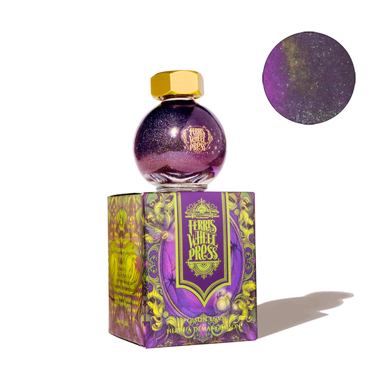 Once Upon a Time - Poison Envy - 20ml Ferris Wheel Press fountain pen ink, deep purple with green Duochrome shimmer, in a round glass bottle with gold-tone cap.