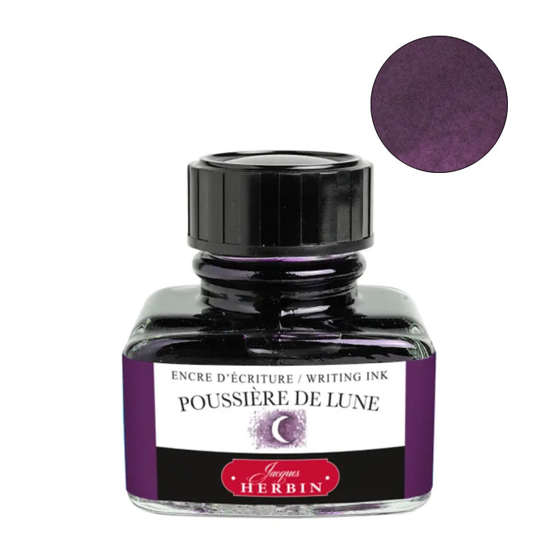 Jacques Herbin Poussiere de Lune, 30ml fountain pen ink bottle, featuring a deep shimmery purple hue.