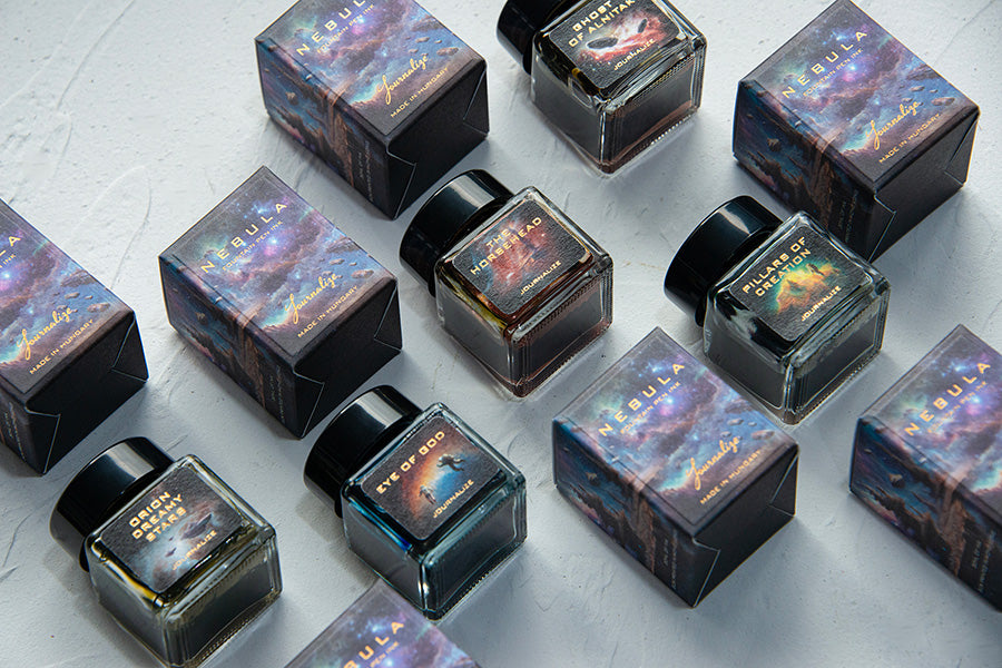 Journalize Eye of God (Shimmer) - 30ml fountain pen ink, features cosmic-inspired label, part of the Starry Night series, packaged in a nebula-themed box.