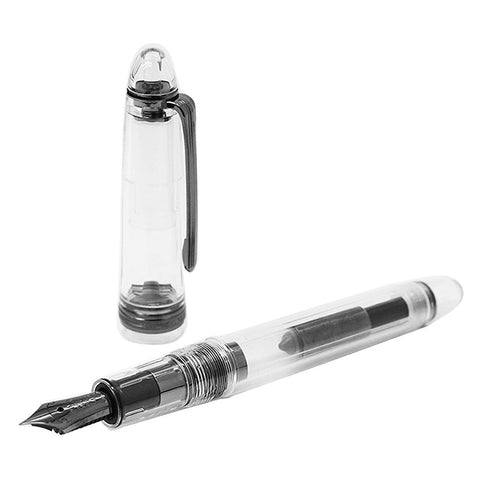 Nagasawa Original Profit Skeleton Proske - Broad fountain pen, transparent body revealing ink reservoir, rhodium-plated 14K gold nib, cap set aside, showcasing elegant design.