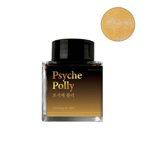 Wearingeul Psyche Polly (Shimmer) fountain pen ink, 30ml glass bottle, glitter-speckled golden-yellow, with a black cap and gradient label. Suitable for fountain, dip, and glass pens.