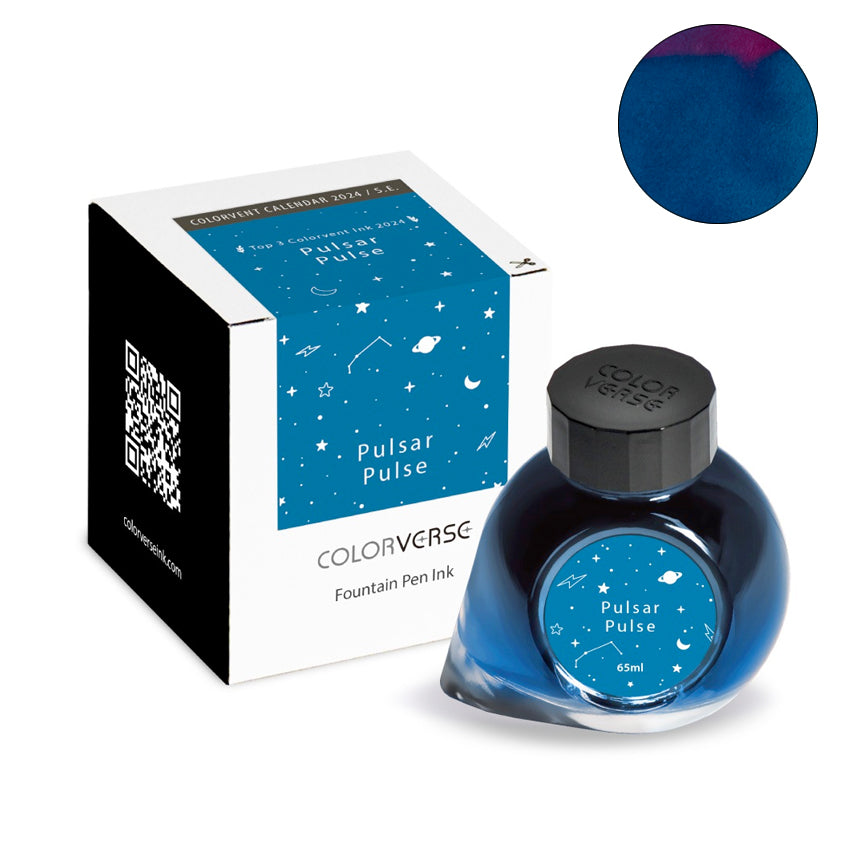 Colorverse Pulsar Pulse - 65ml fountain pen ink with a starry motif, deep blue shade, and reddish-purple sheen, featuring smooth flow and vibrant tone.