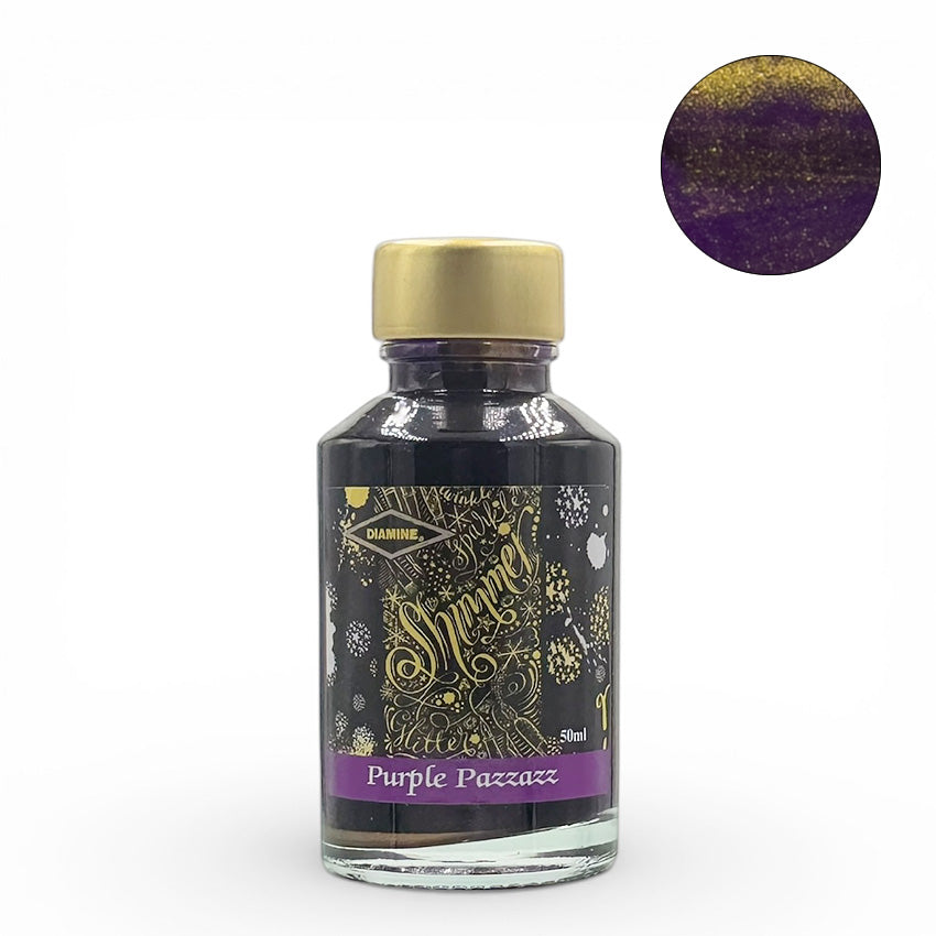 Diamine Purple Pazzazz Shimmer fountain pen ink, 50ml glass bottle with gold cap, features gold shimmer in a deep purple base, ideal for writing enthusiasts.