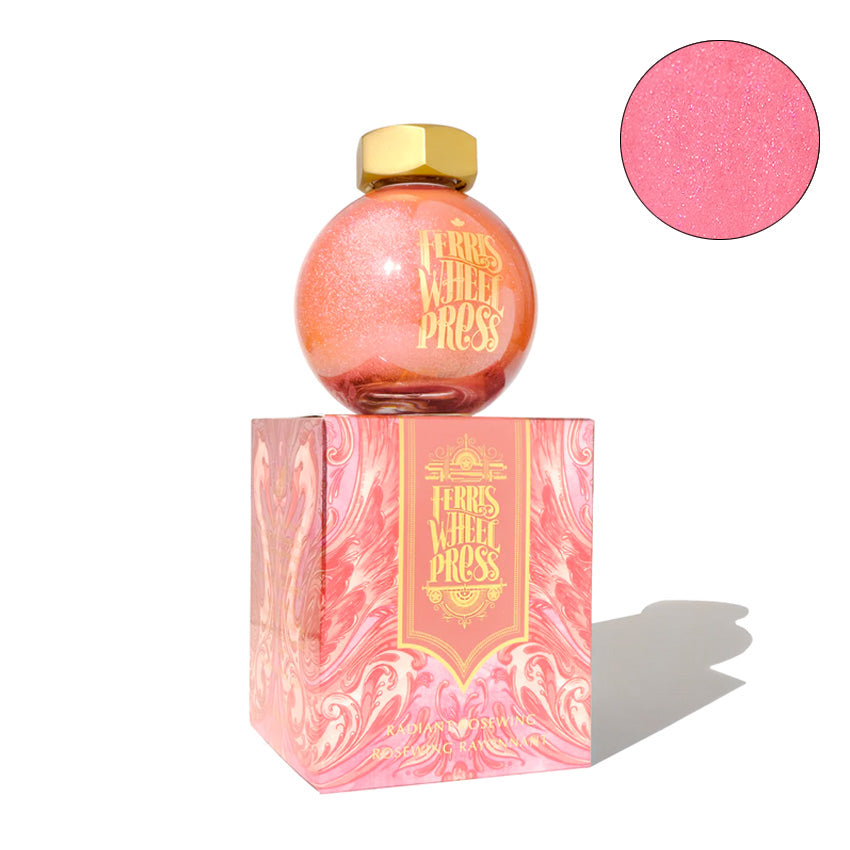 Ferris Wheel Press fountain pen ink, The Wild Swans - Radiant Rosewing, 85ml, in a spherical glass bottle with a gold cap, on matching decorative box.