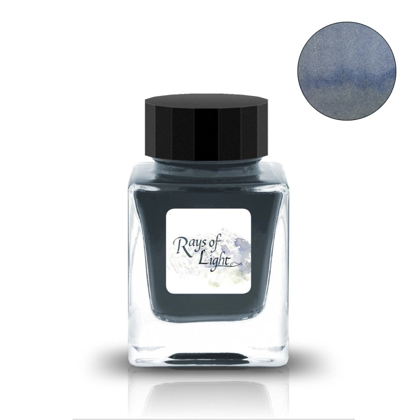 Tono & Lims Rays of Light 30ml fountain pen ink in a square glass bottle; dusky blue-gray swatch visible.