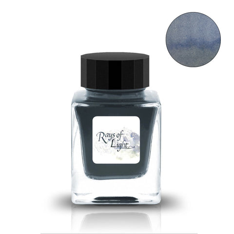 Tono & Lims Rays of Light 30ml fountain pen ink in a square glass bottle; dusky blue-gray swatch visible.