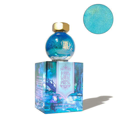 Ferris Wheel Press Once Upon a Time - The Ribbiting Pond fountain pen ink, 20ml, in shimmering turquoise with metallic particles, in orb bottle and illustrated box.