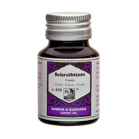 Rohrer & Klingner's Cassia - 50ml ink in a small glass bottle with a purple-accented label, ideal for fountain pens and painting.