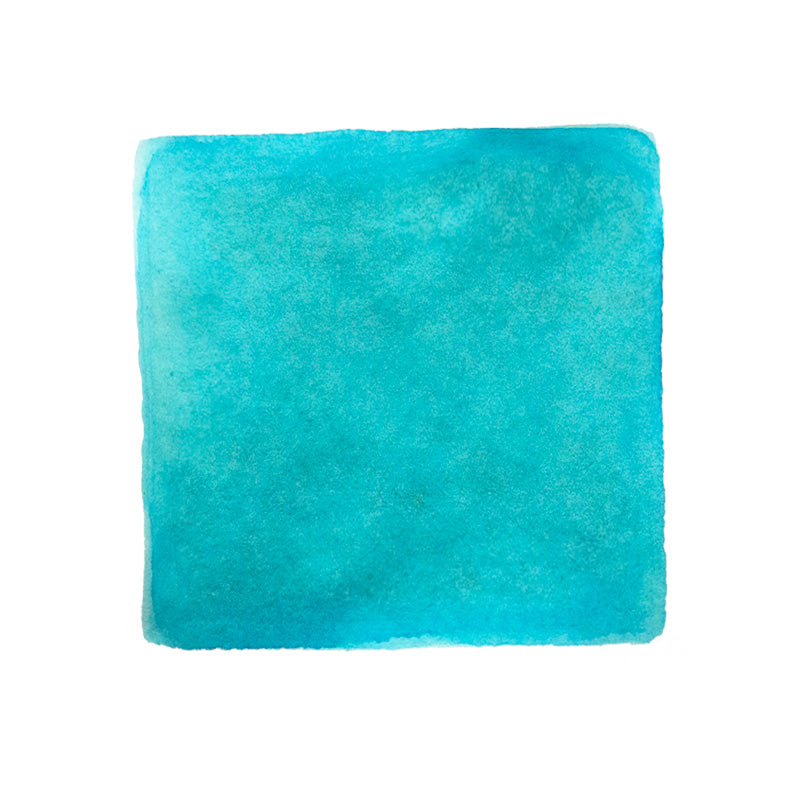 Wearingeul Robinson Crusoe fountain pen ink sample, 2ml. Teal-turquoise abstract color swatch on white background, showcasing the ink's vibrant hue and unique shading.