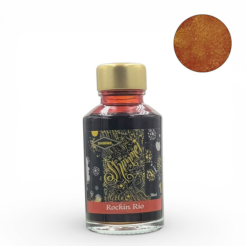 Diamine Rockin Rio Shimmer fountain pen ink, 50ml bottle, showcases a gold-capped design with red-orange ink and fine gold shimmer particles. Ideal for writing enthusiasts.
