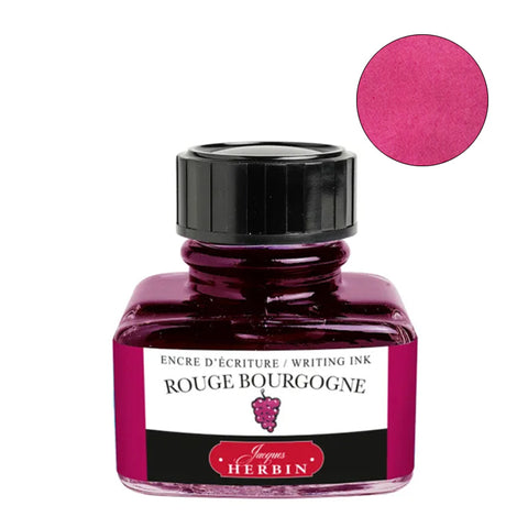 Jacques Herbin Rouge Bourgogne fountain pen ink, 30ml square glass bottle, deep pinky-red hue.