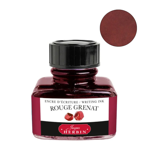 Jacques Herbin Rouge Grenat fountain pen ink, 30ml glass bottle, featuring a deep garnet red swatch. Ideal for Desk Bandit's premium writing supplies collection.