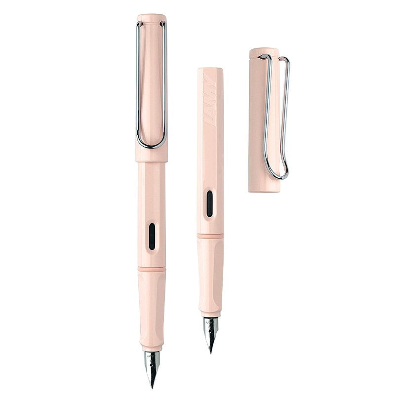 Safari Pastels (Powder Rose) - Fine: Lamy-style pastel-pink fountain pen shown capped, uncapped with nib and ink window, and cap alone featuring a metal clip.