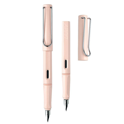 Safari Pastels (Powder Rose) - Fine: Lamy-style pastel-pink fountain pen shown capped, uncapped with nib and ink window, and cap alone featuring a metal clip.