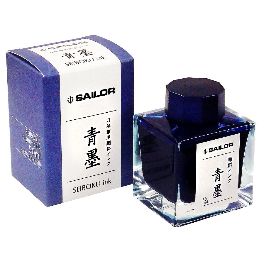 Seiboku - 50ml (Nano Pigment Ink): Square glass bottle with dark blue cap, labeled with Sailor logo and Japanese characters, paired with original box.