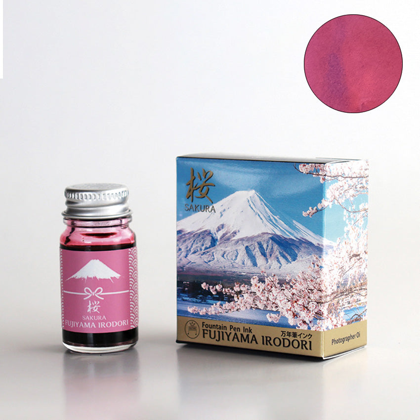 Teranishi Chemical Industry Sakura Fujiyama Irodori fountain pen ink, 12ml, in a glass bottle with a box featuring Mount Fuji and cherry blossoms.