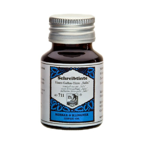 Rohrer & Klingner Salix (Iron Gall) 50ml ink in a small glass bottle, showcasing its classic, handcrafted design ideal for fountain pens.