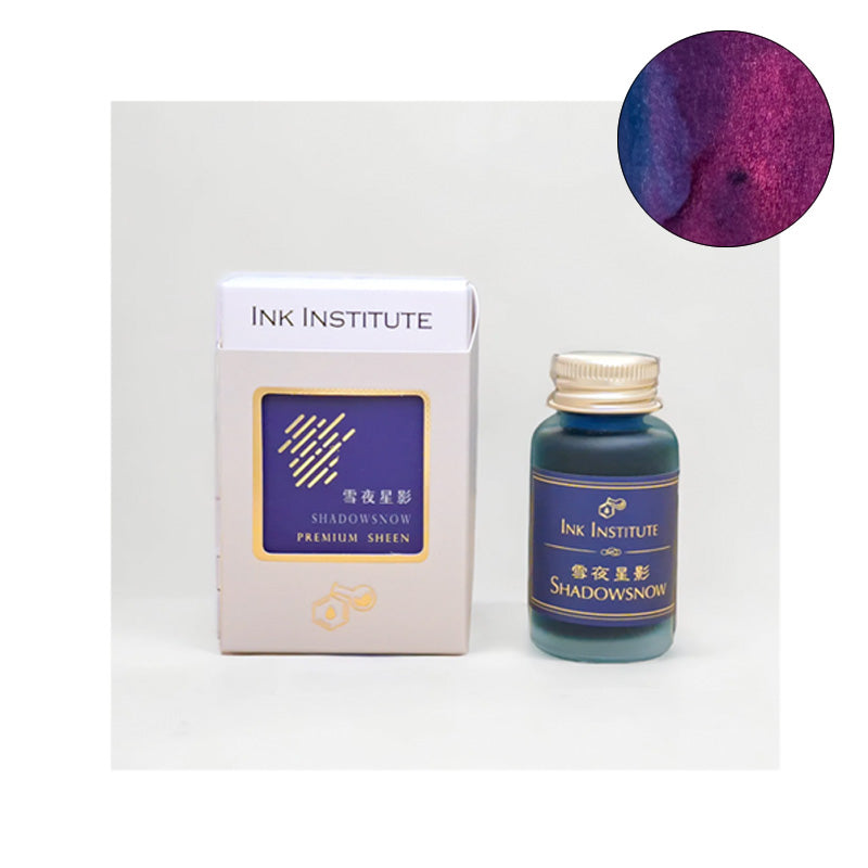 Ink Institute Shadowsnow - 30ml fountain pen ink set, featuring a boxed bottle with metallic sheen ink sample, ideal for various papers and easy pen cleaning.