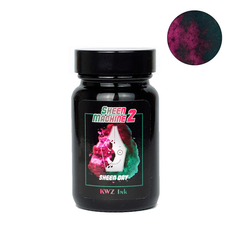 KWZ Sheen Machine 2 fountain pen ink, 60ml bottle, Sheen Day color, features dark green ink with pink/purple metallic sheen.