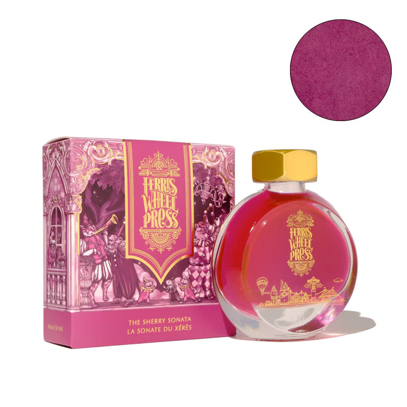 Ferris Wheel Press Sherry Sonata - 38ml fountain pen ink in a round glass bottle with gold cap and matching decorative box.