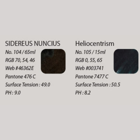 Sidereus Nuncius & Heliocentrism - 2ml each set of Colorverse fountain pen ink samples, showcasing technical specs and plant-based formulation for a smooth writing experience.
