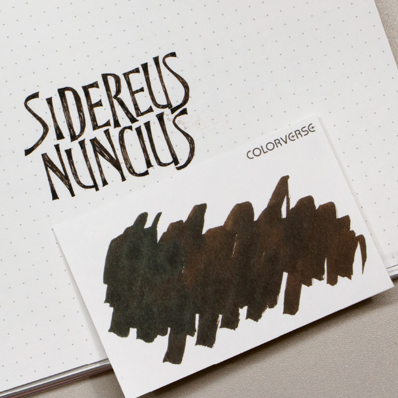 Colorverse Sidereus Nuncius & Heliocentrism fountain pen ink set, featuring a dotted-grid notebook with ink swatch card showcasing shading-rich ink sample.