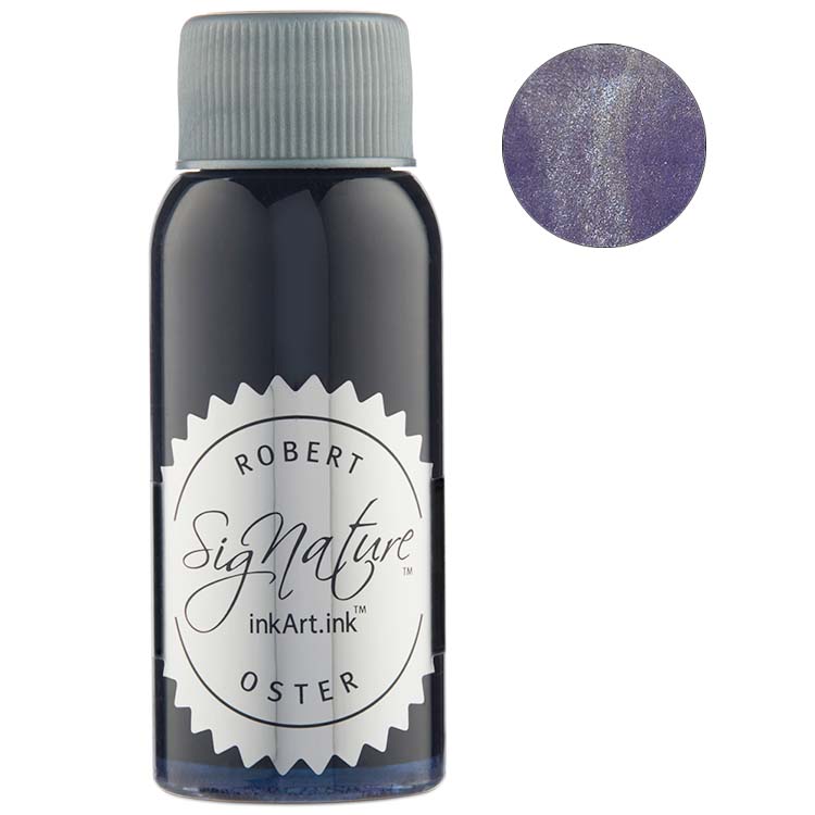 Robert Oster Signature Silver Dawn (Shake 'N' Shimmy) fountain pen ink, 50ml bottle with deep purple shimmer, showcasing sustainable Australian craftsmanship.