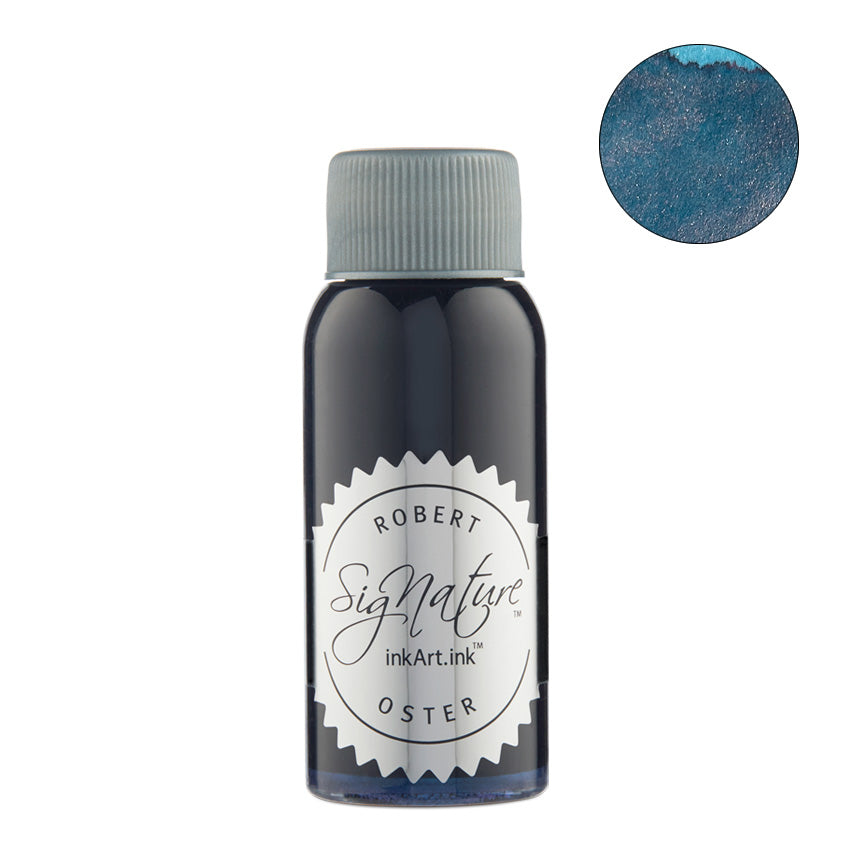 Robert Oster Signature Ink - Sinner's Dream (Shake 'N' Shimmy), 50ml bottle, with a swatch displaying its blue-teal, silver-shimmer color.
