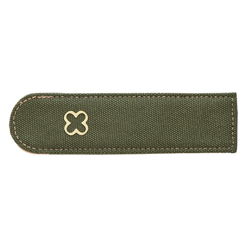 Esterbrook Pen Pocket Canvas Sleeve (Green) with contrast stitching and brass clover emblem, designed to protect a single fountain pen.