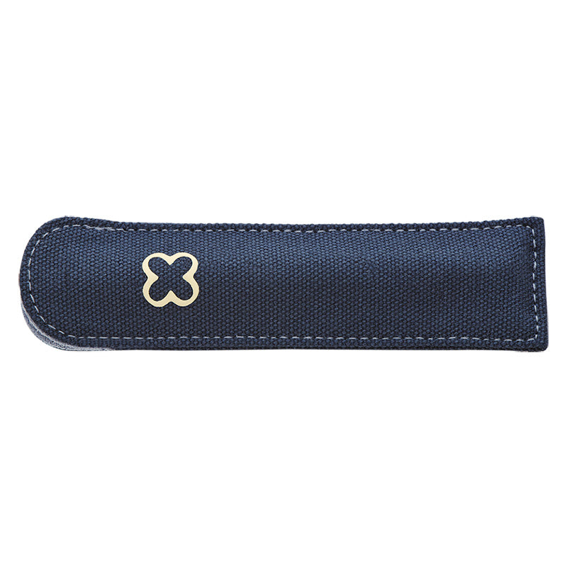 Esterbrook Pen Pocket Canvas Sleeve (Navy) featuring contrast stitching and a cream clover-style logo, designed to protect writing instruments. Ideal for on-the-go fountain pen enthusiasts.
