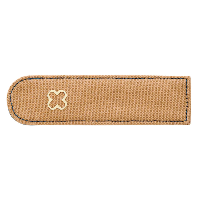 Esterbrook Pen Pocket Canvas Sleeve in tan, featuring a rounded end with clover emblem, designed for secure and stylish fountain pen protection.