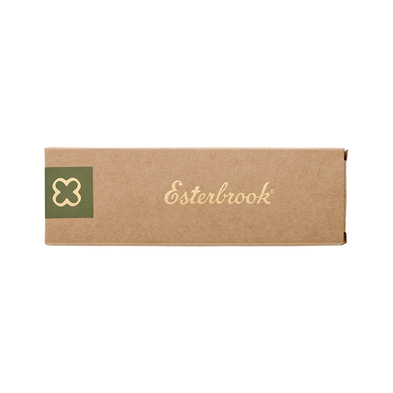 Esterbrook Pen Pocket Canvas Sleeve (Green) in kraft-cardboard box with gold script logo, designed for protecting fountain pens up to 148.5mm in length.