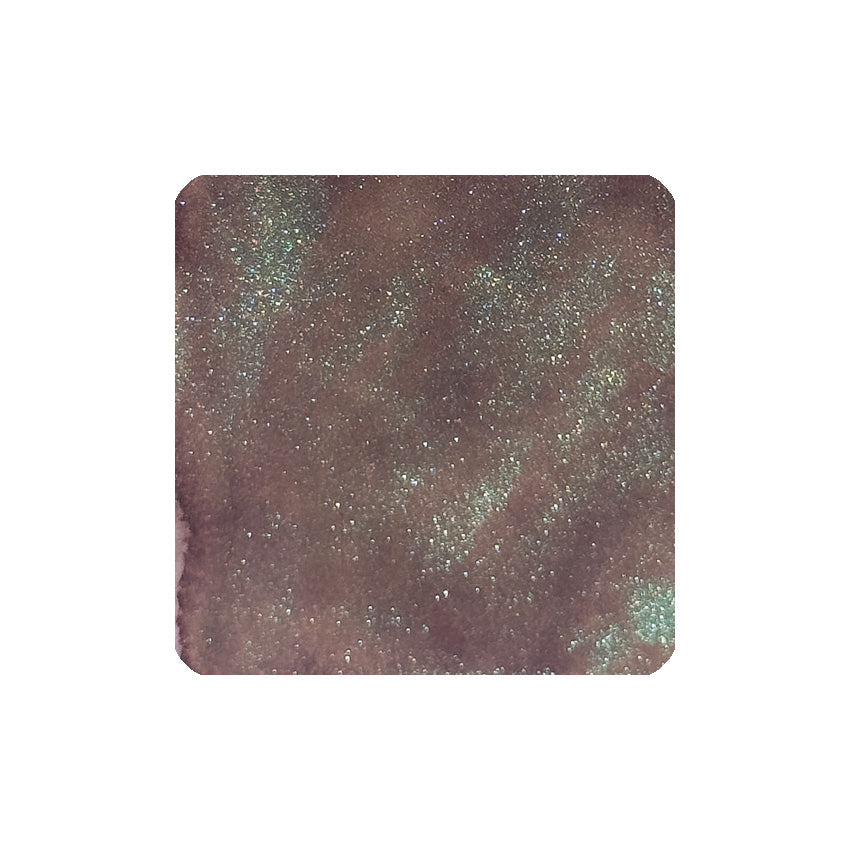 Tono & Lims Souvenir, ao, Moanalua (Shimmer) fountain pen ink, 30ml, displaying warm reddish-brown base with iridescent green-teal sparkles, ideal for shimmering writing effects.