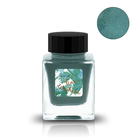 Tono & Lims Souvenir, kai, Waikiki fountain pen ink in a 30ml square glass bottle with black cap, featuring a teal swatch.