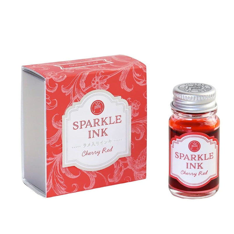 Teranishi Chemical Industry Sparkle Ink Dip Pen Ink - Cherry Red (12ml), featuring shimmering cherry-red dye in a glass vial with silver lid, packaged in a floral-patterned box.