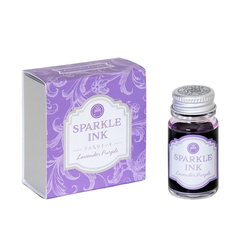 Teranishi Chemical Industry Sparkle Ink Dip Pen Ink in Lavender Purple, 12ml. Shimmering dye-based fountain pen ink with matching display box, ideal for calligraphy and collecting.