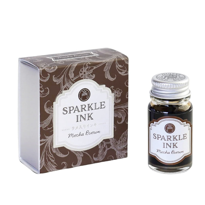Teranishi Chemical Industry's Sparkle Ink Dip Pen Ink in Mocha Brown, 12ml, displayed with its decorative box, offers a shimmering fountain pen ink experience.