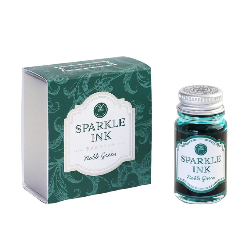 Teranishi Sparkle Ink Dip Pen Ink - Noble Green (12ml) in a glass bottle with a silver lid, featuring shimmering green fountain pen ink and matching branded box.