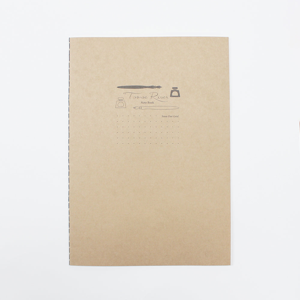 Tomoe River Notebook A5 - 52gsm (Dotgrid) with kraft-paper cover, dip-pen graphic, showcasing dot-grid pattern. Ideal for fountain pen use, thread-stitched for a premium writing experience.