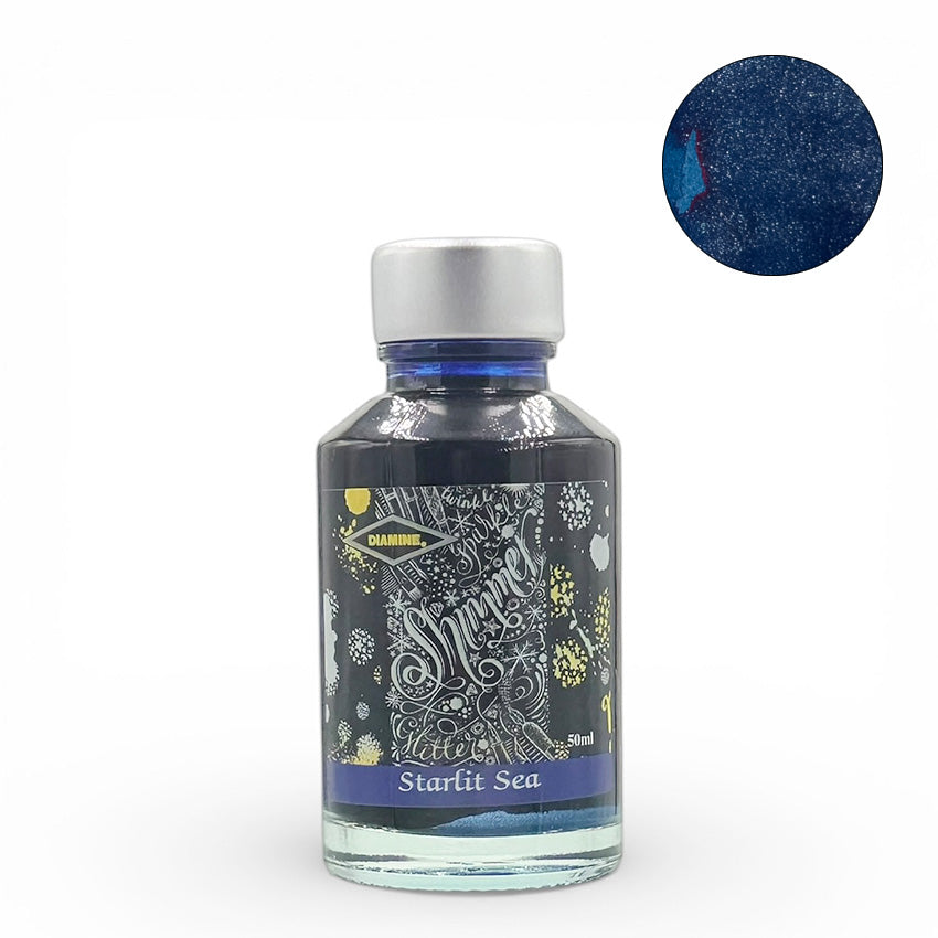 Starlit Sea (Shimmer) - 50ml Diamine fountain pen ink with glitter particles for a sparkling writing effect, safe for vintage pens.