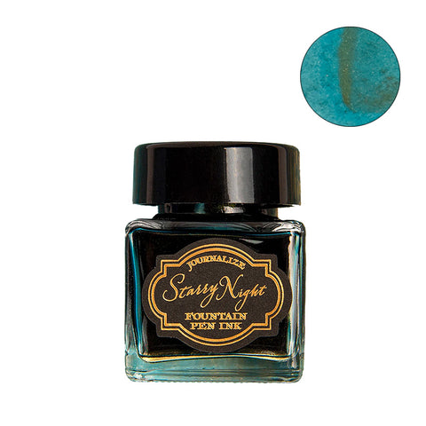 Journalize Starwave Meadow (Shimmer) fountain pen ink in a 30ml square glass bottle, showcasing teal/blue hue with gold shimmer from Desk Bandit's premium stationery collection.