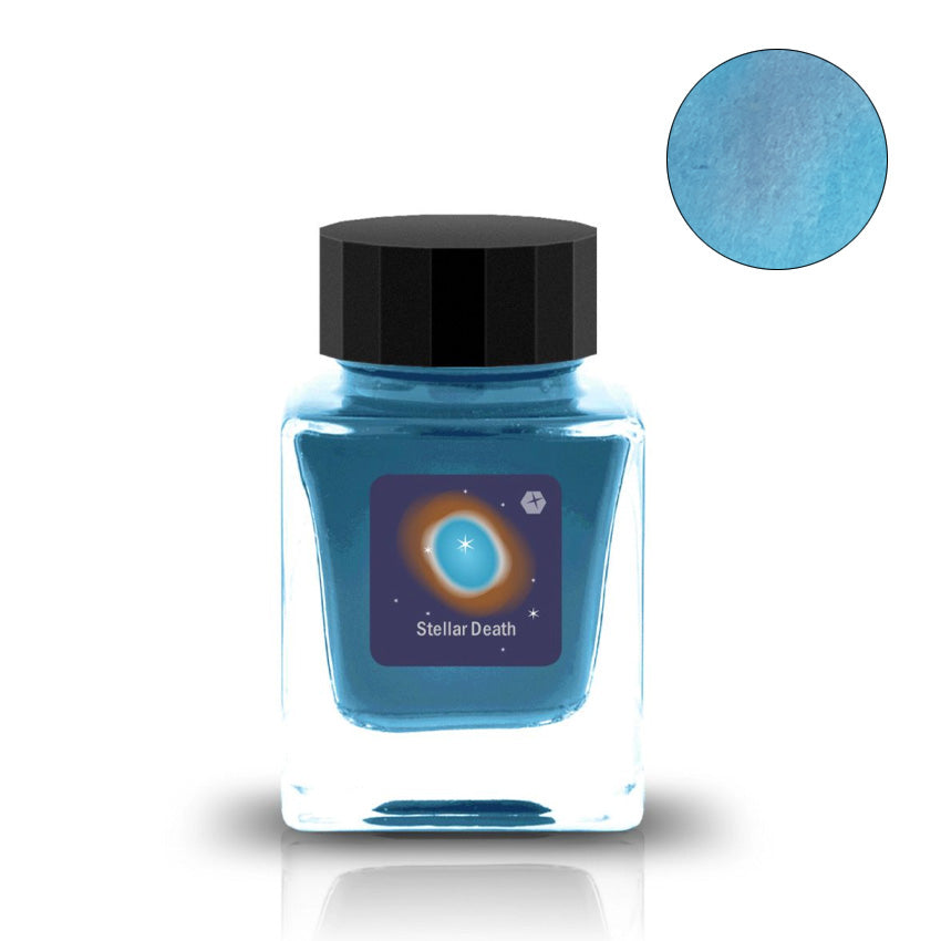 Tono & Lims Stellar Death fountain pen ink, 30ml, features a bright teal-blue hue with a nebula-themed label. Part of the Deeep Space series.