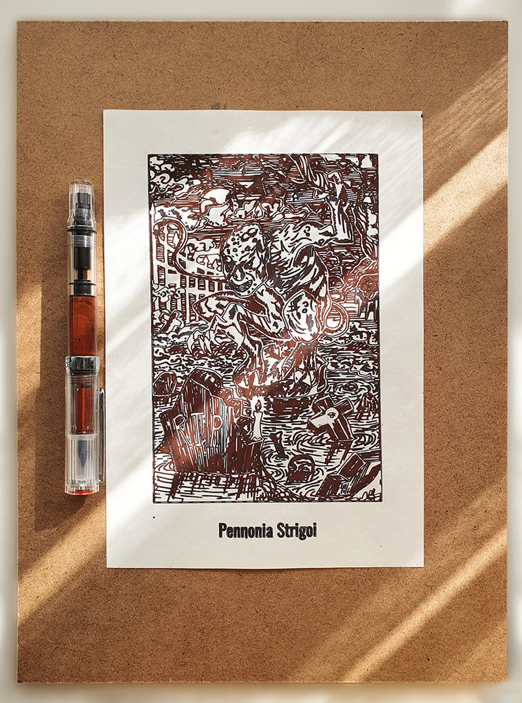Pennonia Strigoi (Limited Edition) - 30ml fountain pen ink, inspired by Romanian folklore, showcased with a detailed graveyard illustration and clear-bodied fountain pen for scale.
