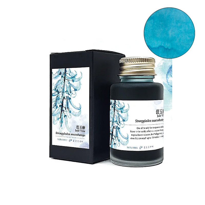 Ink Institute Jade Vine fountain pen ink, 30ml bottle with matching box, features bright turquoise-teal color. Part of the Meander series, ideal for various papers.