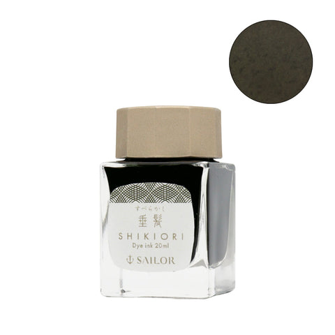 Sailor Shikiori Sube-rakashi fountain pen ink, 20ml glass bottle with beige cap, featuring a dark olive-brown hue.