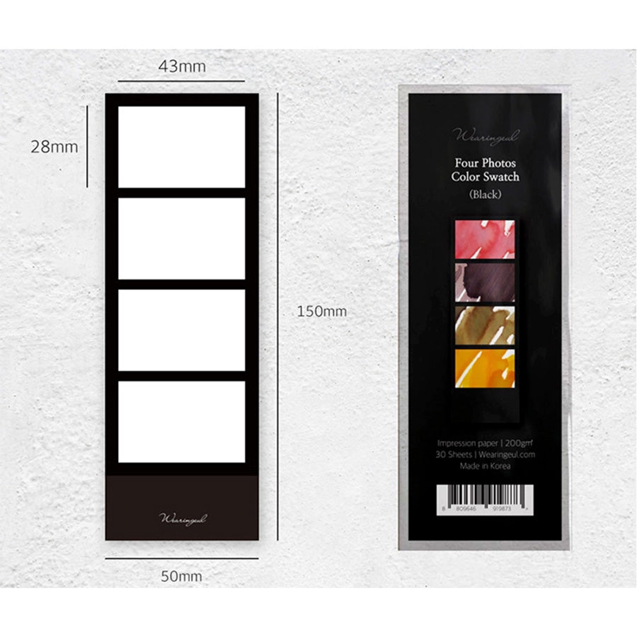 Wearingeul Four Photos Color Swatch set in black, featuring 30 fountain pen friendly sheets with four grids per sheet, ideal for ink swatching and comparison.
