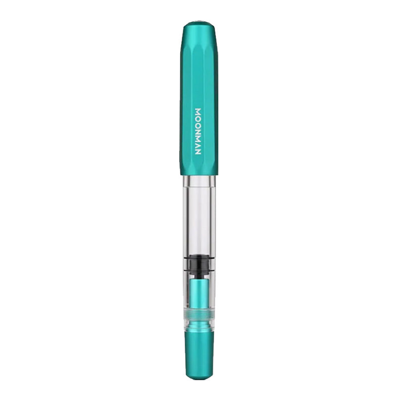 MOONMAN T1 (Teal) - Fine fountain pen with translucent body, turquoise accents, visible piston converter, and steel nib, showcasing elegant design and functionality.