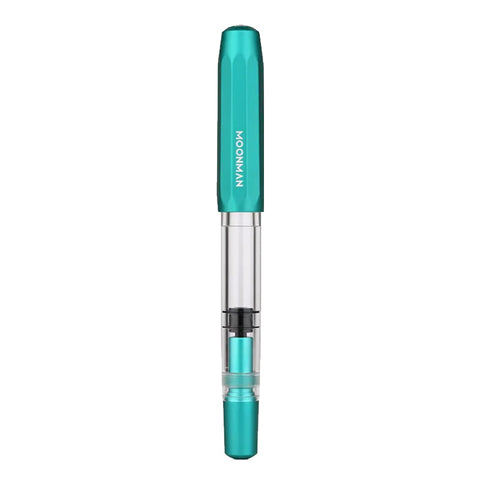 MOONMAN T1 (Teal) - Fine fountain pen with translucent body, turquoise accents, visible piston converter, and steel nib, showcasing elegant design and functionality.