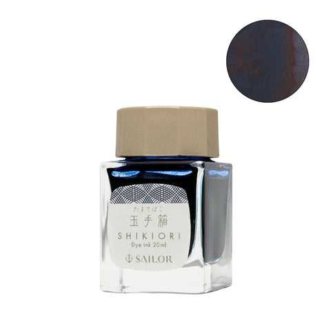 Sailor Shikiori Tama-tebako fountain pen ink, 20ml glass bottle with square design and beige cap, part of the Four Seasons Series.